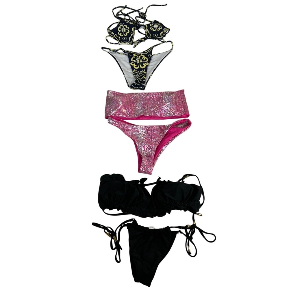 SHEIN Womens Bikini Set Lot of 3 Small Pink Metallic Snake Black Baroque Navy